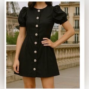 DANIELLE BERNSTEIN Black Puff-Sleeve Button Front Mini Dress